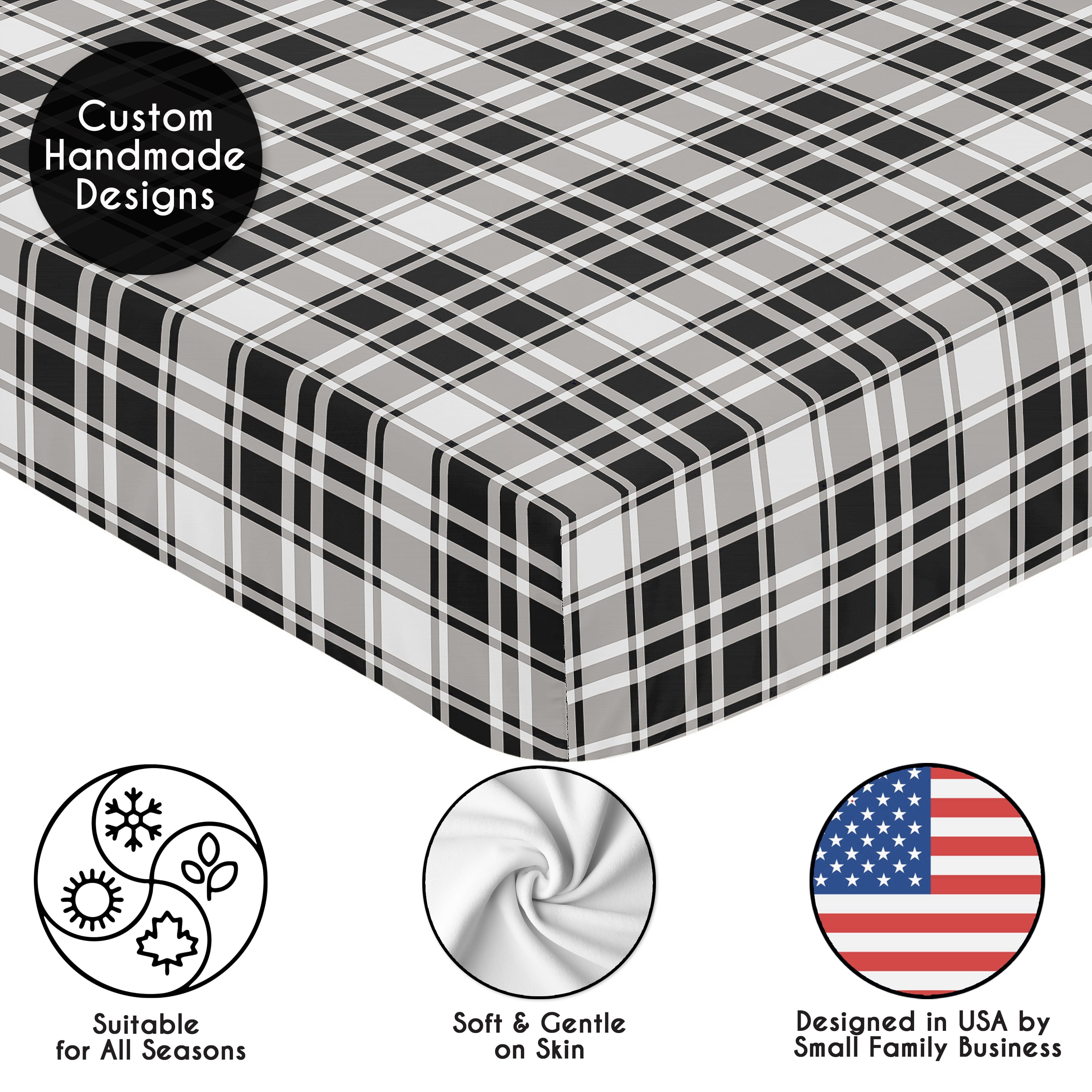 Sweet Jojo Designs Gingham Black Plaid Boy, Girl, Unisex/Gender Neutral Fitted Crib Sheet