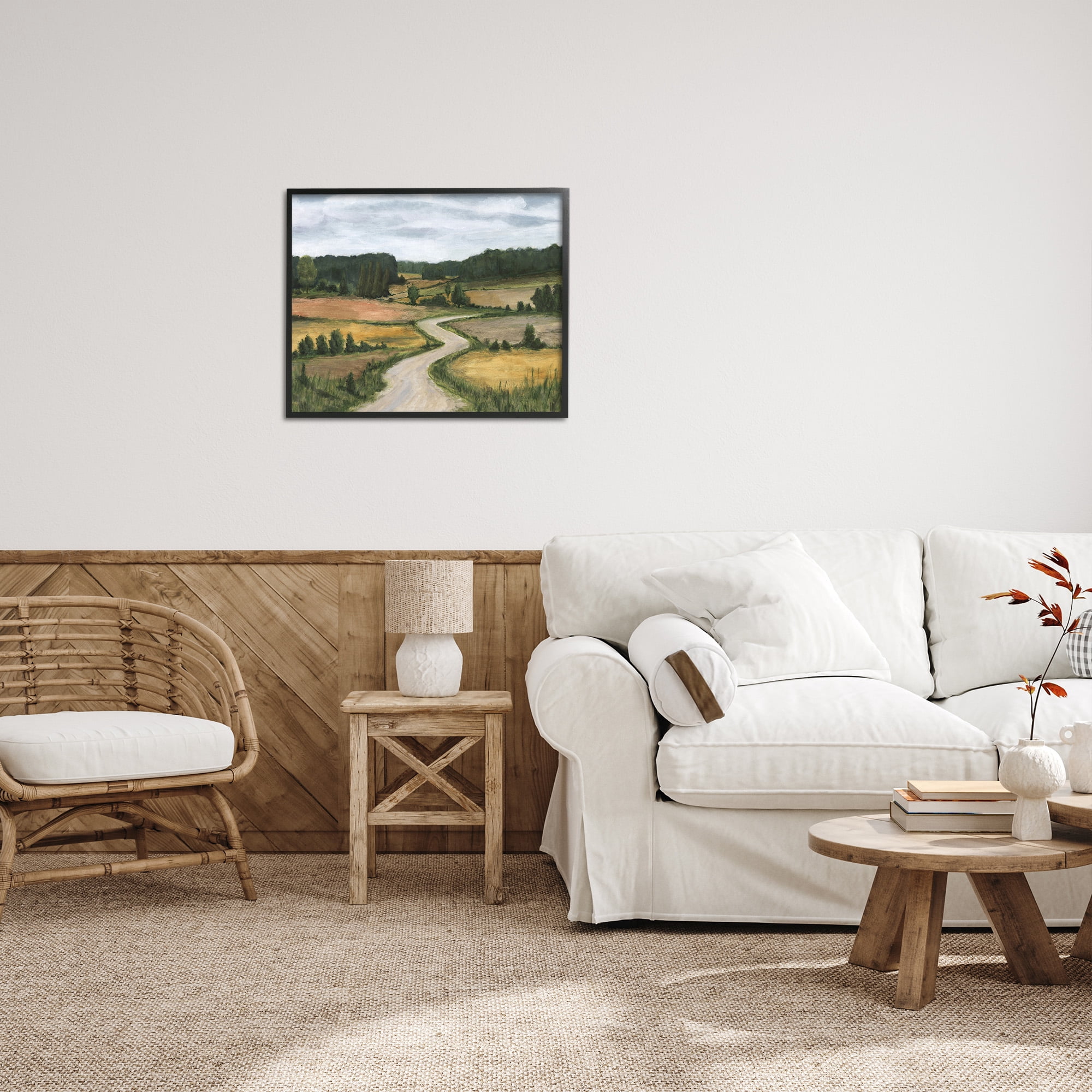 Stupell Industries Waning Rural Rode Landscape Painting Black Framed Art Print Wall Art, 30 x 24