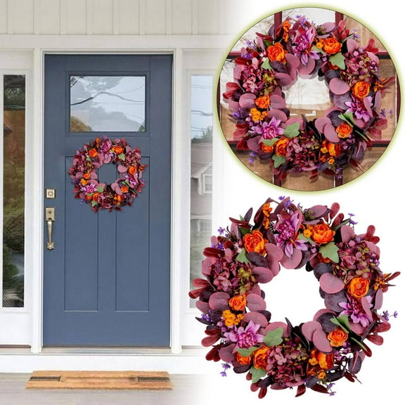 DGQPLPD Spring Fall Wreaths for Front Door with Blue Hydrangea, Fall Wreath Front Door with Purple Orange Peony and Pumpkins-Fall Decoration