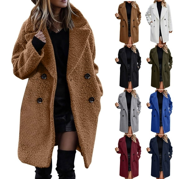 Aboser Teddy Fleece Trench Coats for Women Thermal Winter Long Jackets Elegant Notch Collar Coat Open Front Sherpa Jacket Loose Double Breasted Outerwear with Pockets
