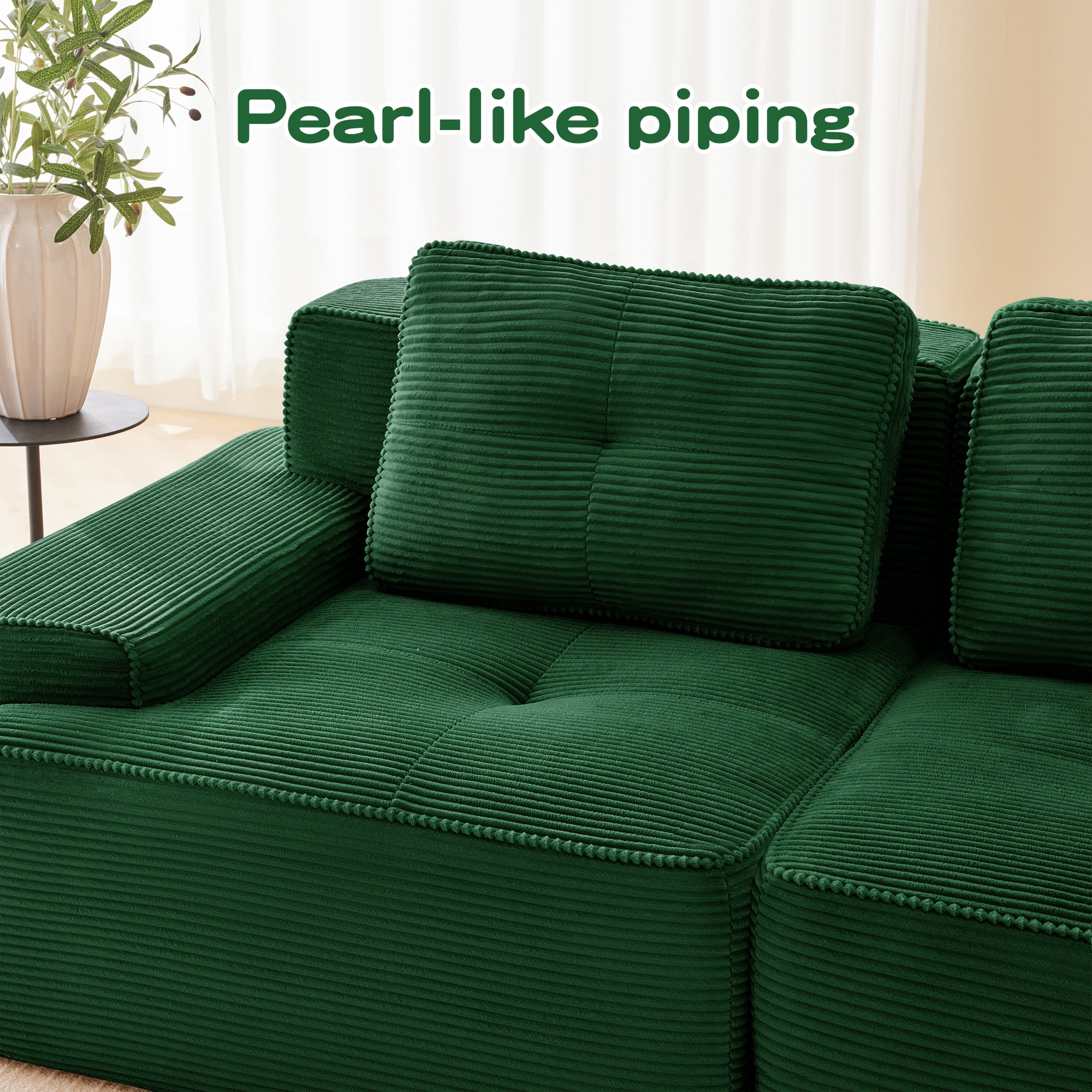 Aukfa Corduroy Modular Sectional Sofa; 29.5" Deep Seat Loveseat, Pearl-Like Trim, Green