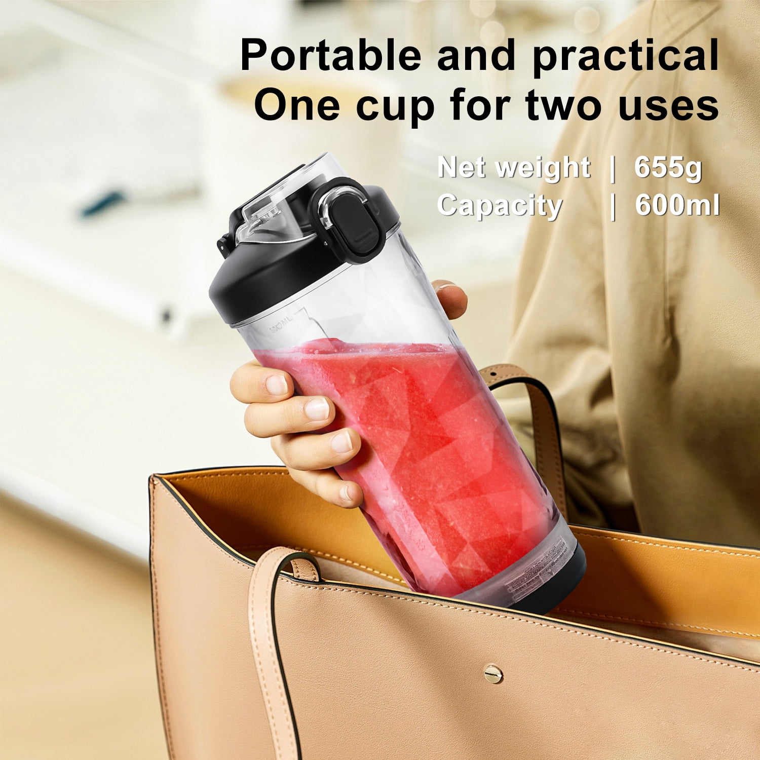 TINANA Portable Blender for Smoothies, 20oz Small Personal Blender with Travel Lid, USB Rechargeable, Single Serve Fruit Mixer for Kitchen, Black