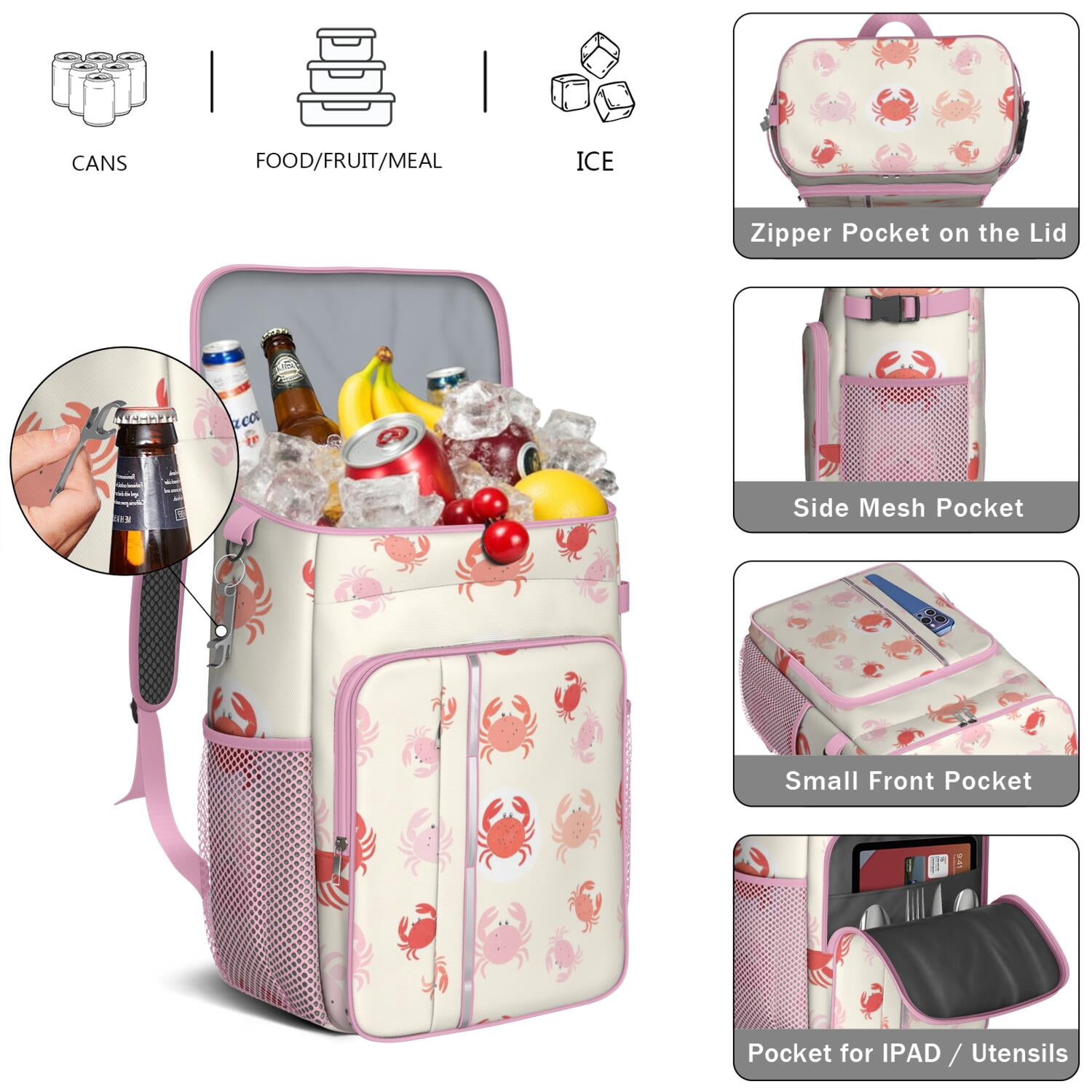 Marine Adorable Crab Cooler Backpack Insulated Waterproof Leak Proof Beach Cooler Bag Lightweight Lunch Picnic Camping Backpack Cooler for Office Workers Outdoor Enthusiasts
