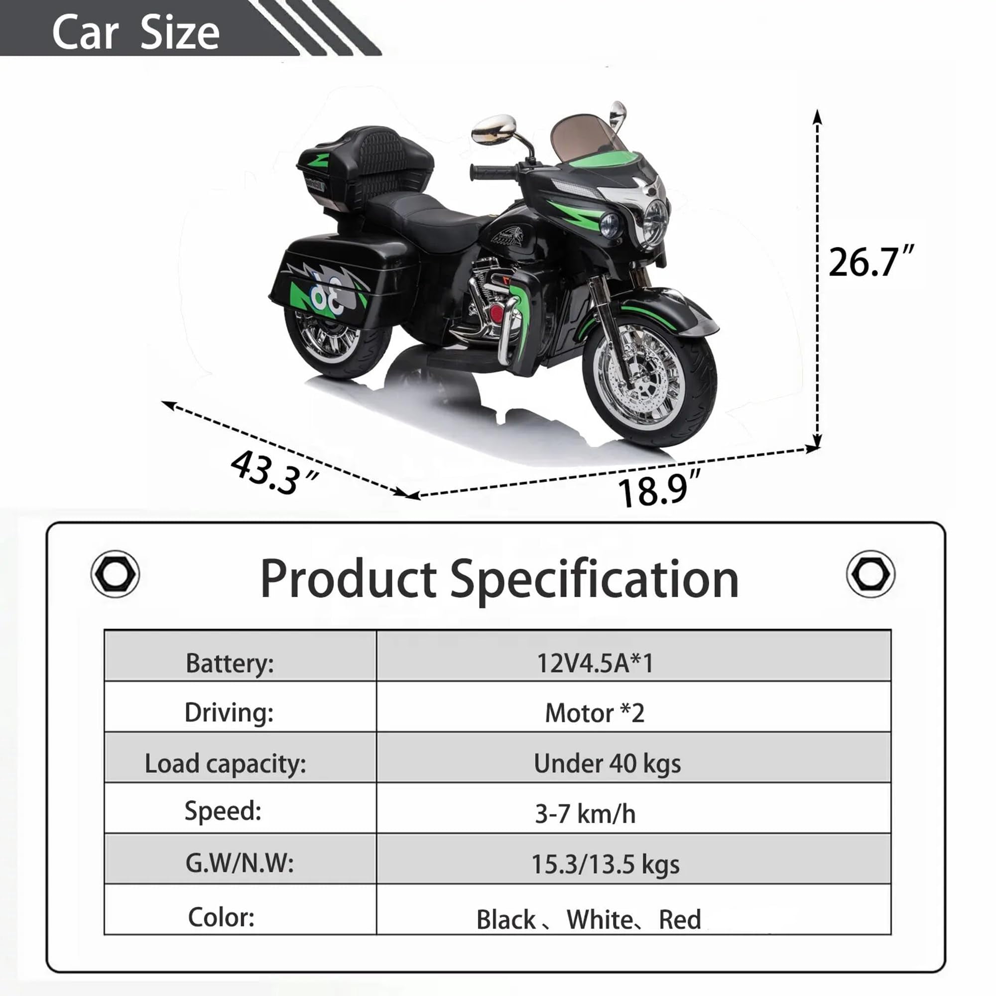 HTW12V Kids Electric Motorcycle w/LED Lights, Music, Storage Trunk & Soft PU Seat – Battery-Powered Ride-On Toy for Ages 3-6