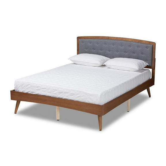Baxton Studio Ratana Mid-Century Modern Transitional Grey Fabric Upholstered and Walnut Brown Finished Wood Full Size Platform Bed