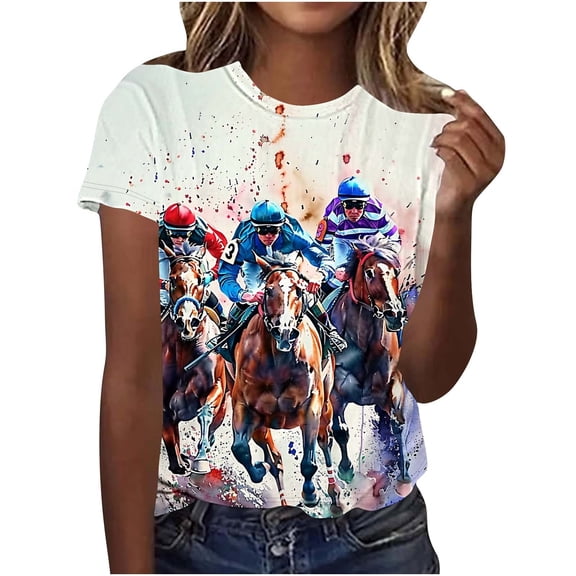 Staron Women Graphic Horse Print T-Shirt Round Neck Short Sleeve Casual Loose Trendy Summer Vacation Tops, XXL