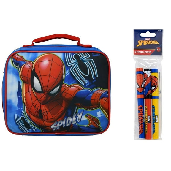 Spiderman Rectangle Lunch Bag With 3pk Pens in Poly Bag with Header