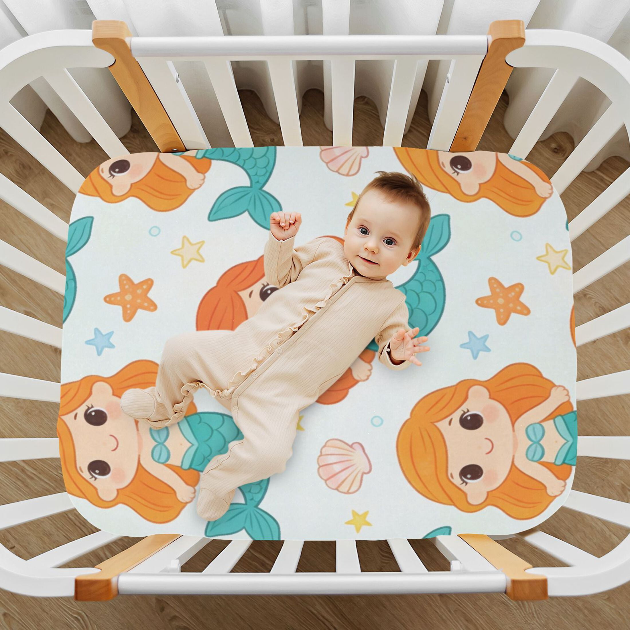 Baby Essentials 39”x 27”- Standard Cotton-like Modal Elastic- White Mermaid Pattern Design Crib Sheets for Newborns and Toddlers