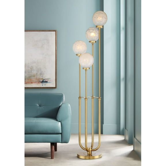 Possini Euro Design Mid Century Modern Glam Style Floor Lamp 4-Light LED 68.5" Tall Warm Gold Glass Globe Shade for Living Room House Uplight