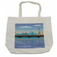 thumbnail image 1 of Landscape Shopping Bag, Lady Cycling in France Fluffy Clouds Bridge Reflection on River Urban Lifestyle, Eco-Friendly Reusable Bag for Groceries Beach and More, 15.5" X 14.5", Cream, by Ambesonne, 1 of 2