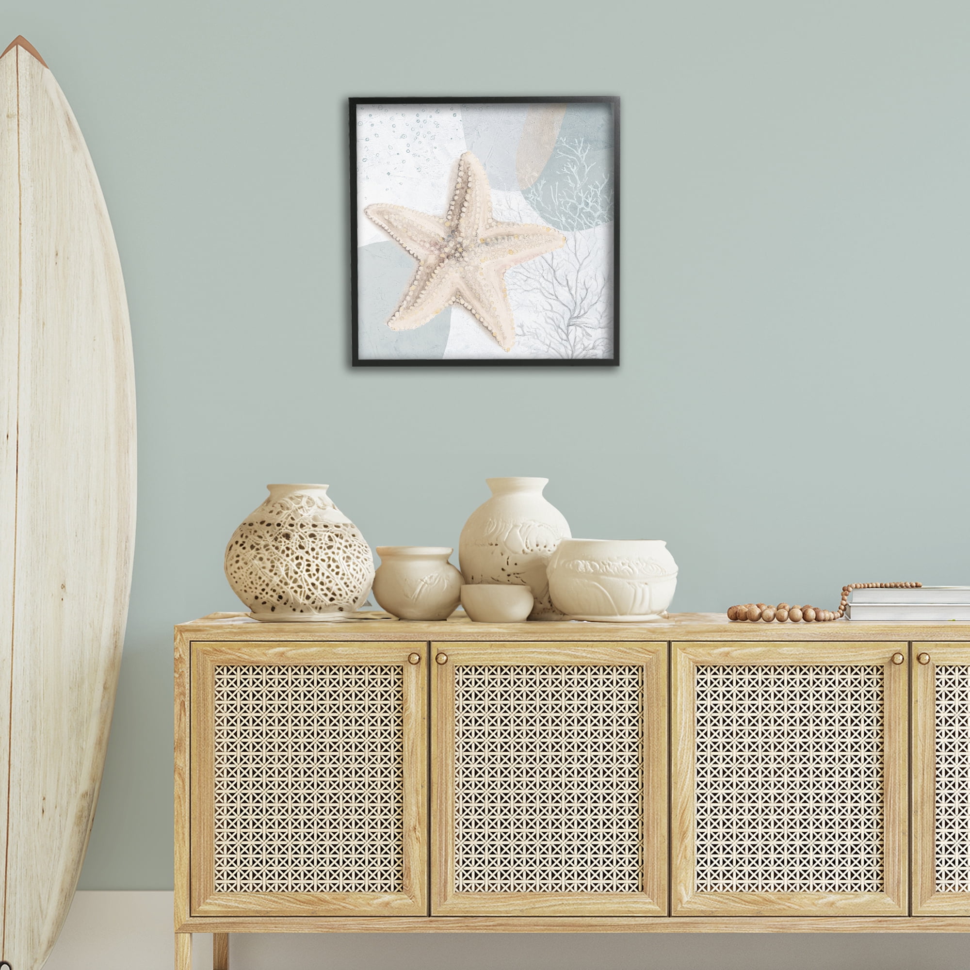 Stupell Industries Starfish over Circle Pattern Coastal Painting Black Framed Art Print Wall Art, 24 x 24