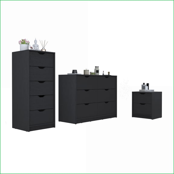 Bedroom Furniture Set 3-Piece (Nightstand   Dresser   Curio) Black | Engineered Wood | Bachelor's Chests