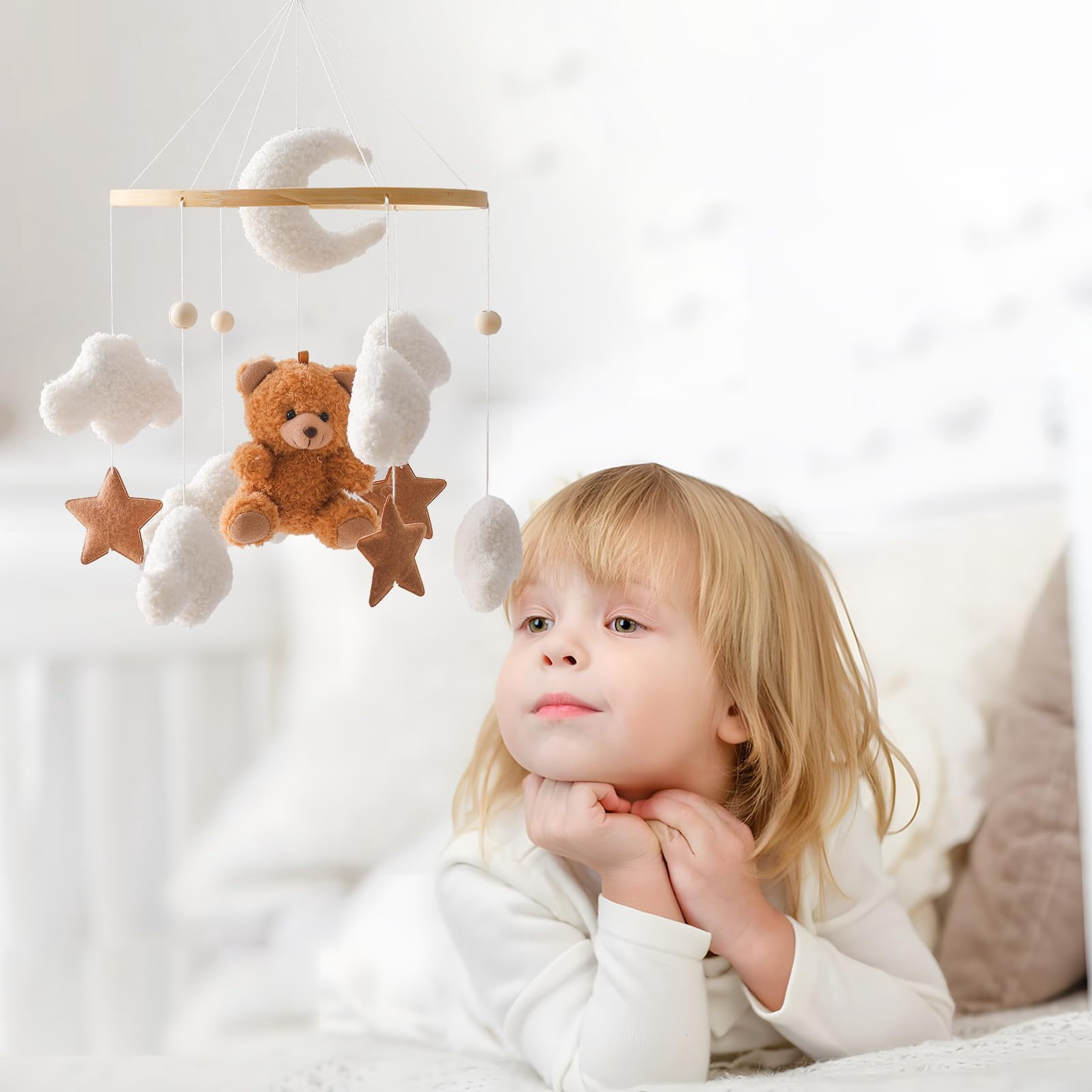 HYPERLIVING Baby Crib Mobile Bear Nursery Mobile for Boys Girls Teddy Velvet Mobile Nursery Decor for Infant Bedroom Hanging Baby Mobile for Bassinet Newborn Baby Gift（Brown Bear）