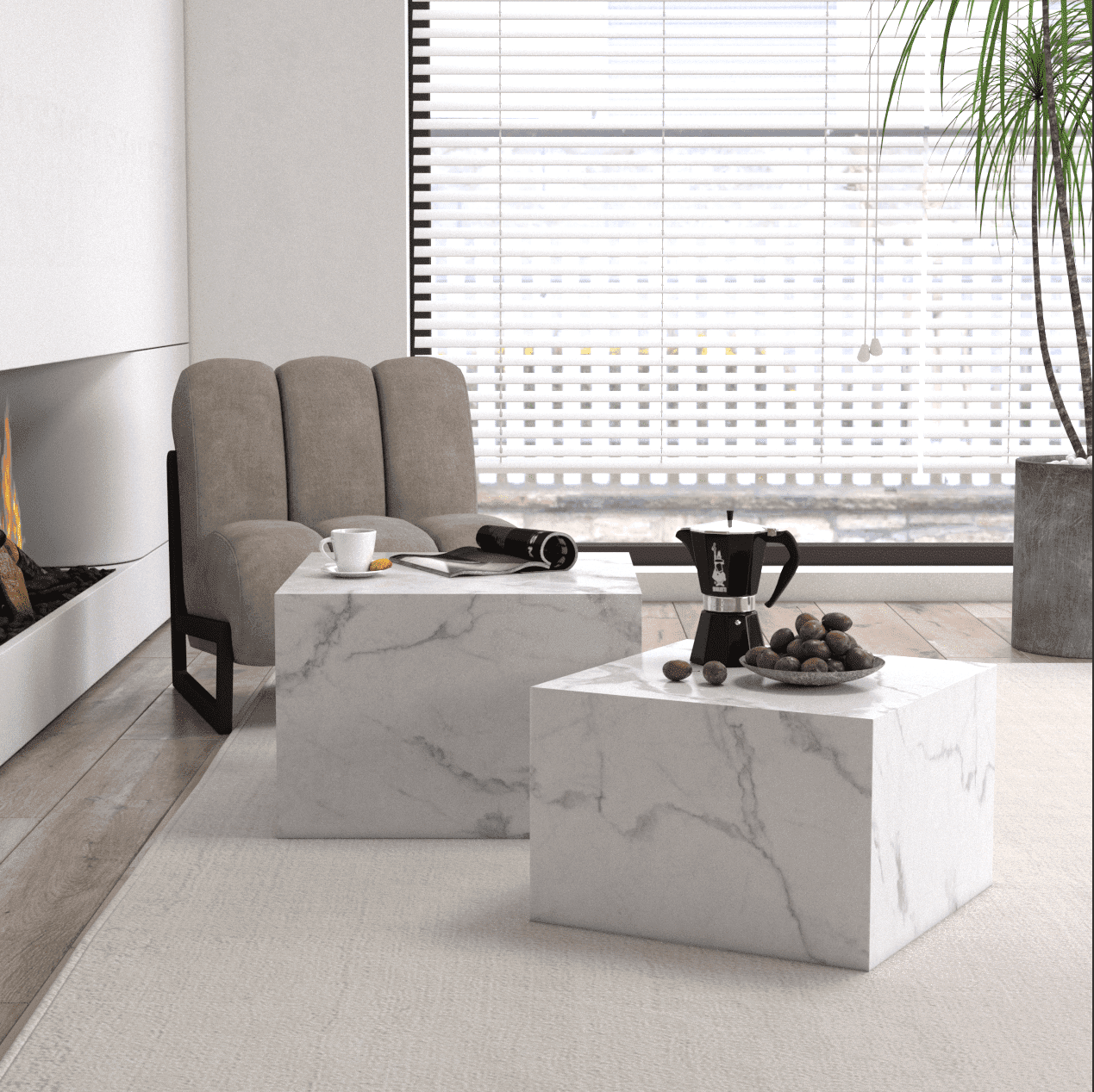Caffoz Square Faux Marble Coffee Table Set of 2, Nesting Design, Pre-Assembled Living Room Accent Tables,Marble White