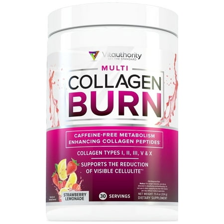 Vitauthority Multi Collagen Peptides Hydrolyzed Collagen Burn Powder, Strawberry Lemonade, 11.4 oz