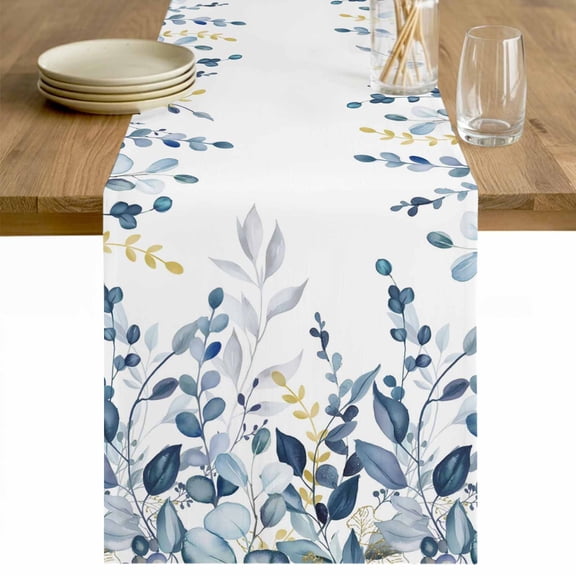 Navy Blue Eucalyptus Table Runner - 60 Inch Long Watercolor Spring Weeping Botanical Cotton and Linen Blended Dress Scarves Farmhouse Table Runner for Kitchen Dining, Coffee Table, 13" x 60"
