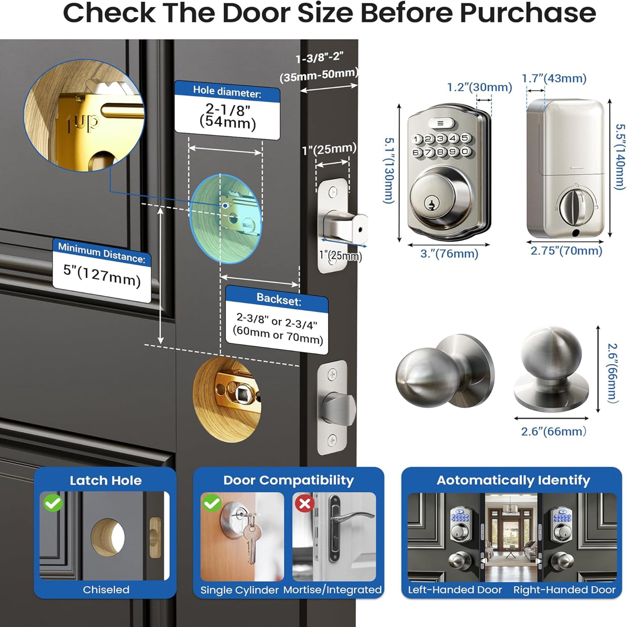 Veise Keyless Entry Door Lock with 2 Knobs, Electronic Backlit Keypad Deadbolt with Handle Set, Auto Lock, Easy Installation, Satin Nickel