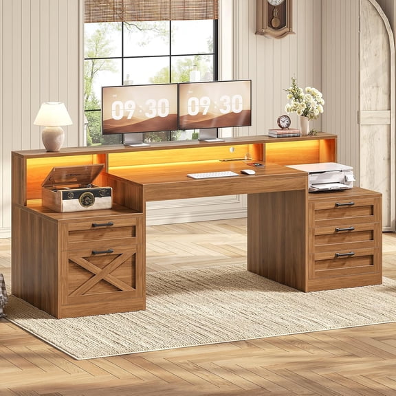 63" Farmhouse Computer Desk with 5 Drawers and Monitor Stand, Wood Executive Desk with LED Lights