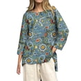 thumbnail image 2 of Blue Tshirts for Women's Vintage Floral Baseball Art Print Casual 3/4 Sleeve T Shirts Round Neck Cotton Shirt Summer Tops, 2 of 4