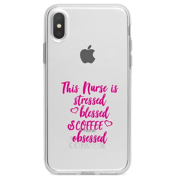 DistinctInk Clear Shockproof Hybrid Case for iPhone XS Max (6.5" Screen) - TPU Bumper Acrylic Back Tempered Glass Screen Protector - Nurse Is Stressed Blessed & Coffee Obsessed - Pink