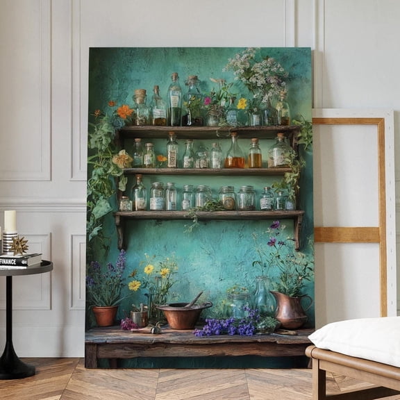 Velto Rustic Apothecary Shelf Canvas Art Herb Jars Wildflowers and Vintage Green Wall Cottagecore Home Décor Boho Botanical, SIZE 8x10 INCLUDE Pine Wood Frame 1.25-Inch