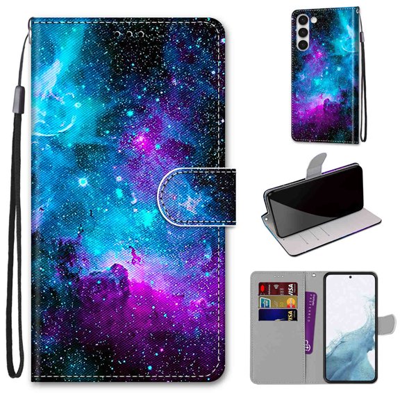 SaniMore Painted Wallet Case Compatible with Galaxy S23 Plus 5G, Stylish PU Leather Shell Magnetic Closure Shockproof Kickstand Case with Wrist Strap for Samsung Galaxy S23 Plus, Purple Starry Night