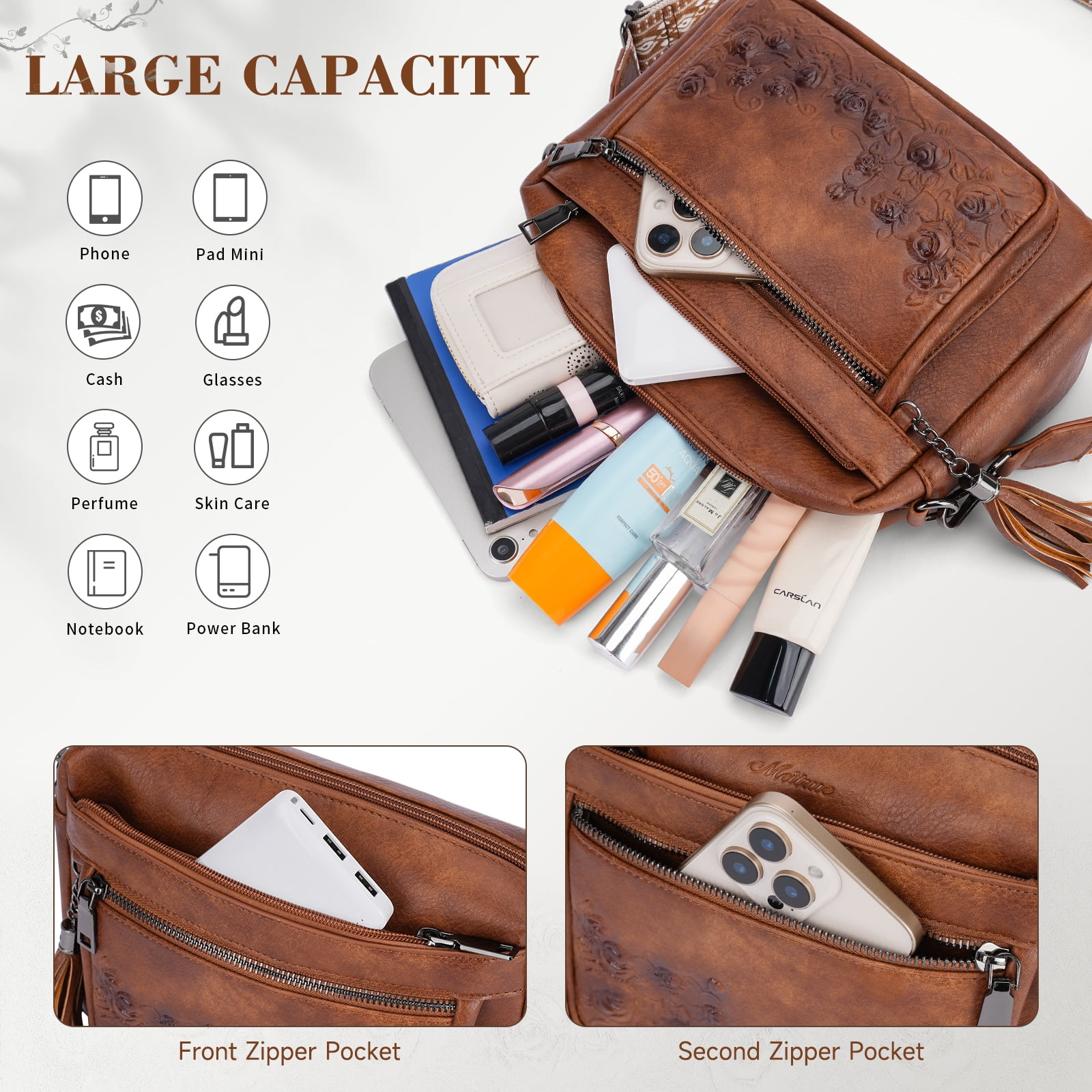 APHISON Crossbody Purse for Women, Rose Embossed Crossbody Phone Handbags with Adjustable Guitar Strap Hollow Everyday Crossbody Holiday Present Outfit Upgrade