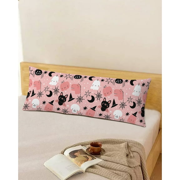 Pink Halloween Throw Pillow Cover, Pumpkin Ghost Funny Painting Rectangle Decorative Pillow Case Protector Soft Cushion Cover Lumbar Pillowcase for Couch Sofa Bedroom Car Chair Decor 20x54 Inch