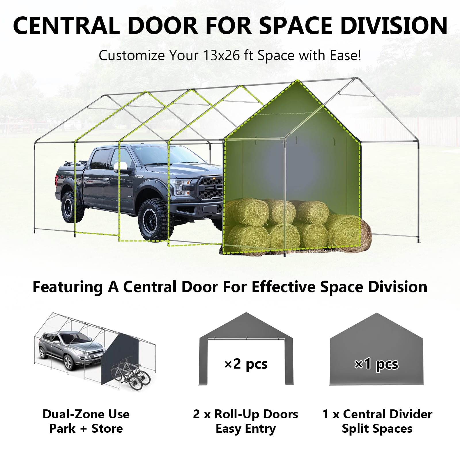 13x26 ft Heavy Duty Carport Canopy with Roll-up Ventilated Windows & Doors, Side Door Portable Garage with Metal Frame, Car Canopy with Waterproof & UV-Resistant for Car, Truck, Boat - Grey
