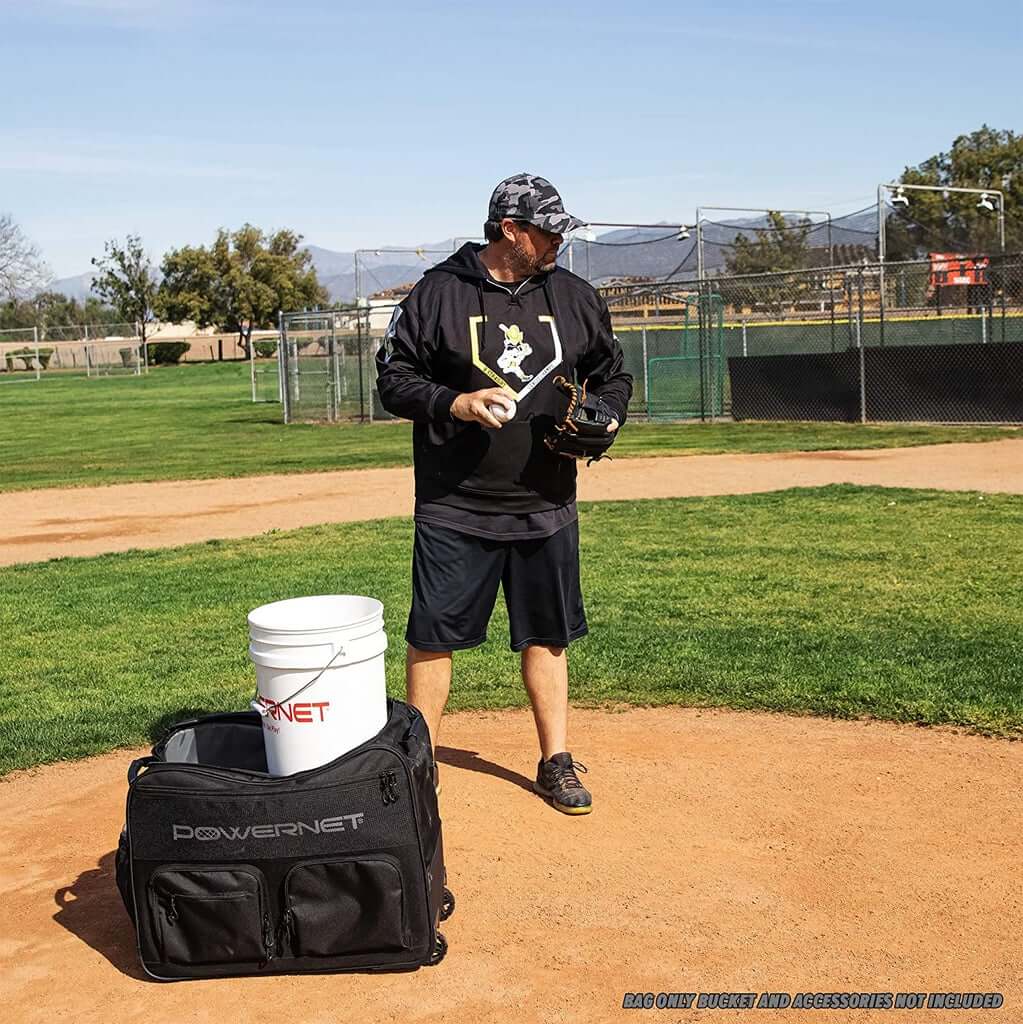 PowerNet Bucket Bag Baseball Coach Bag with Wheels, Carry Case for Launch F-lite Pitching Machine, Holds Two 6 Gallon Bucket of Baseballs & Softballs