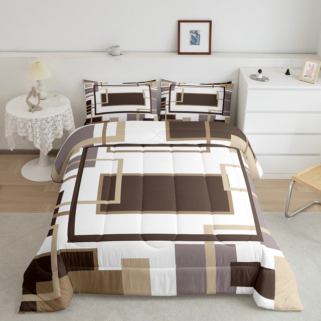 Erosebridal Brown Square Comforter Sets Full Size, Chic Minimalst Comforters & Duvets, Geometry Abstract Reversible Duvet Insert, Ultra Soft Room Decor, 3 Pieces
