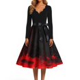 thumbnail image 4 of Women's Halloween Dress Bone Printed Long Sleeve Spooky Tea Length Dress Castle Cocktail V-Neck Horror Dresses with Belt XL, 4 of 5