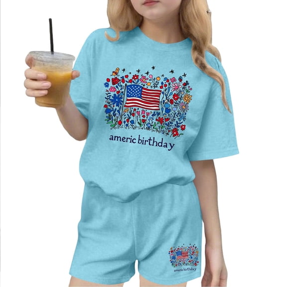 BFHHYA Girls 4th of July Shorts Set Floral & Flag Print Short Sleeve Tee Elastic Waist Shorts Tween Summer 2-Piece Outfit 3-15 Y