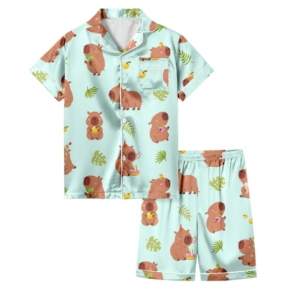 FUNDUFI Kids Girls Pajamas Sets Short Sleeve Pajamas Tops Shorts 2Pcs Sleepewar Sets Cartoon Capybara Print Loungewear Comfy Child Clothing