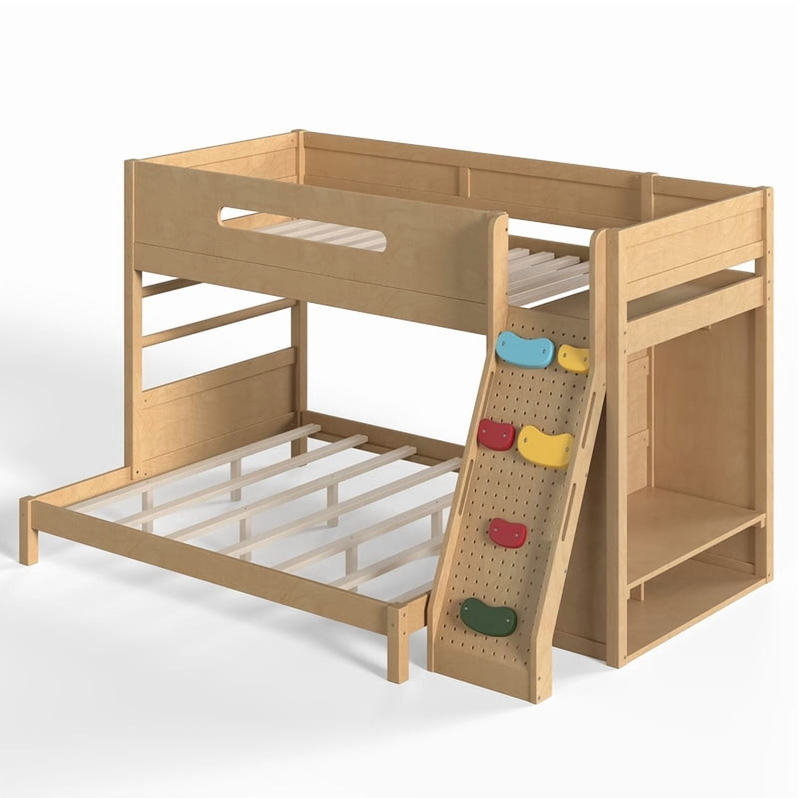 Twin XL Over Queen Bunk Bed with Built-In Wardrobe & Storage, Solid Wood Kids Bunk Bed with Guardrails, Rock Climbing Wall & Upgraded Slats, No Box Spring Needed