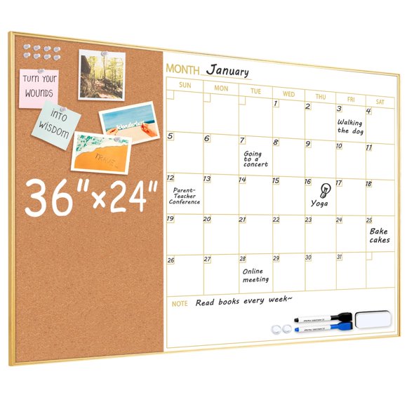 ARCOBIS Whiteboard Calendar with Cork Board, 36"x24" Magnetic White Board Calendar Dry Erase for Wall, Gold Frame Monthly Combination Board for Offic