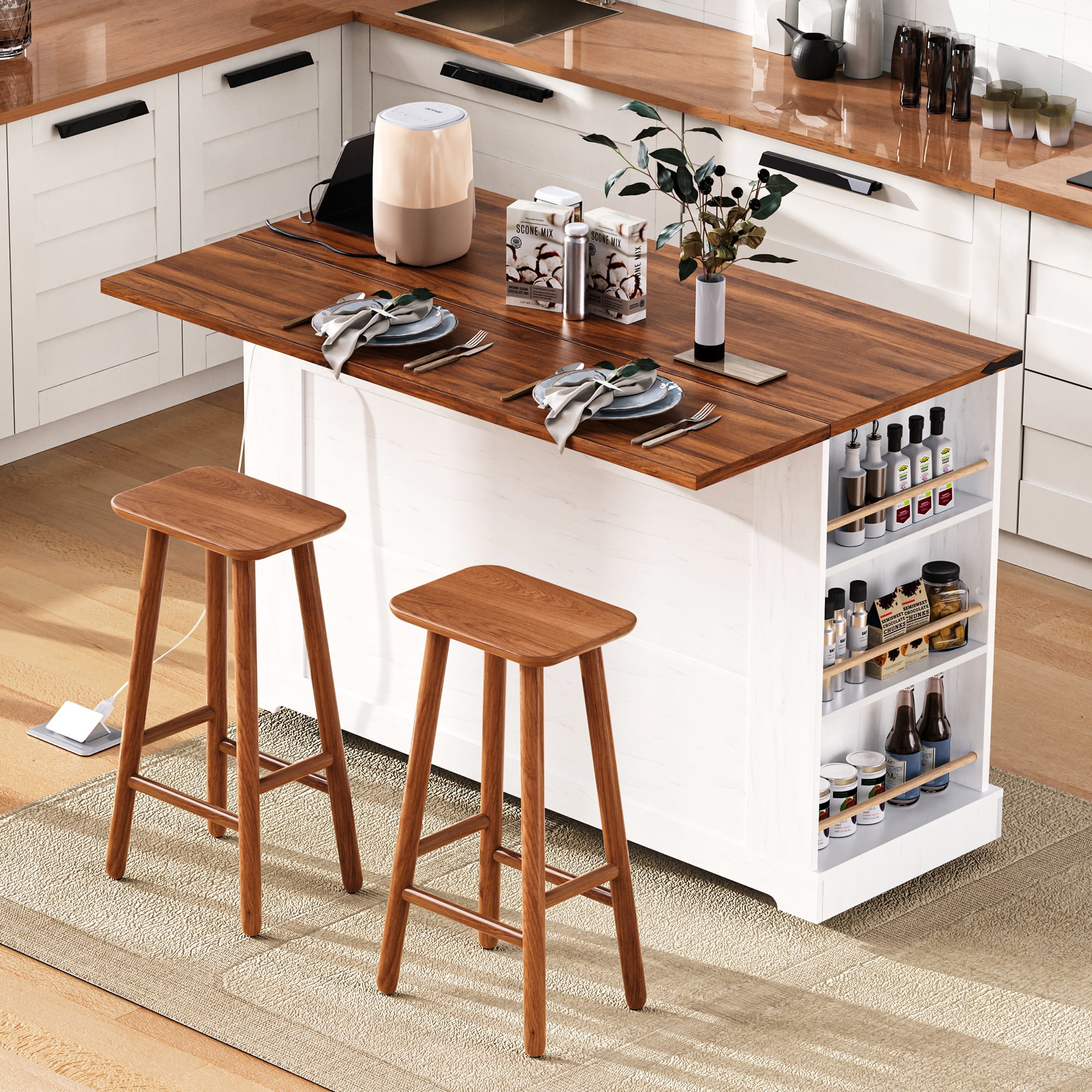 Euroco 53'' Farmhouse Kitchen Island with Two Tempered Glass Cabinet Doors，Rolling Kitchen Cart on Wheels