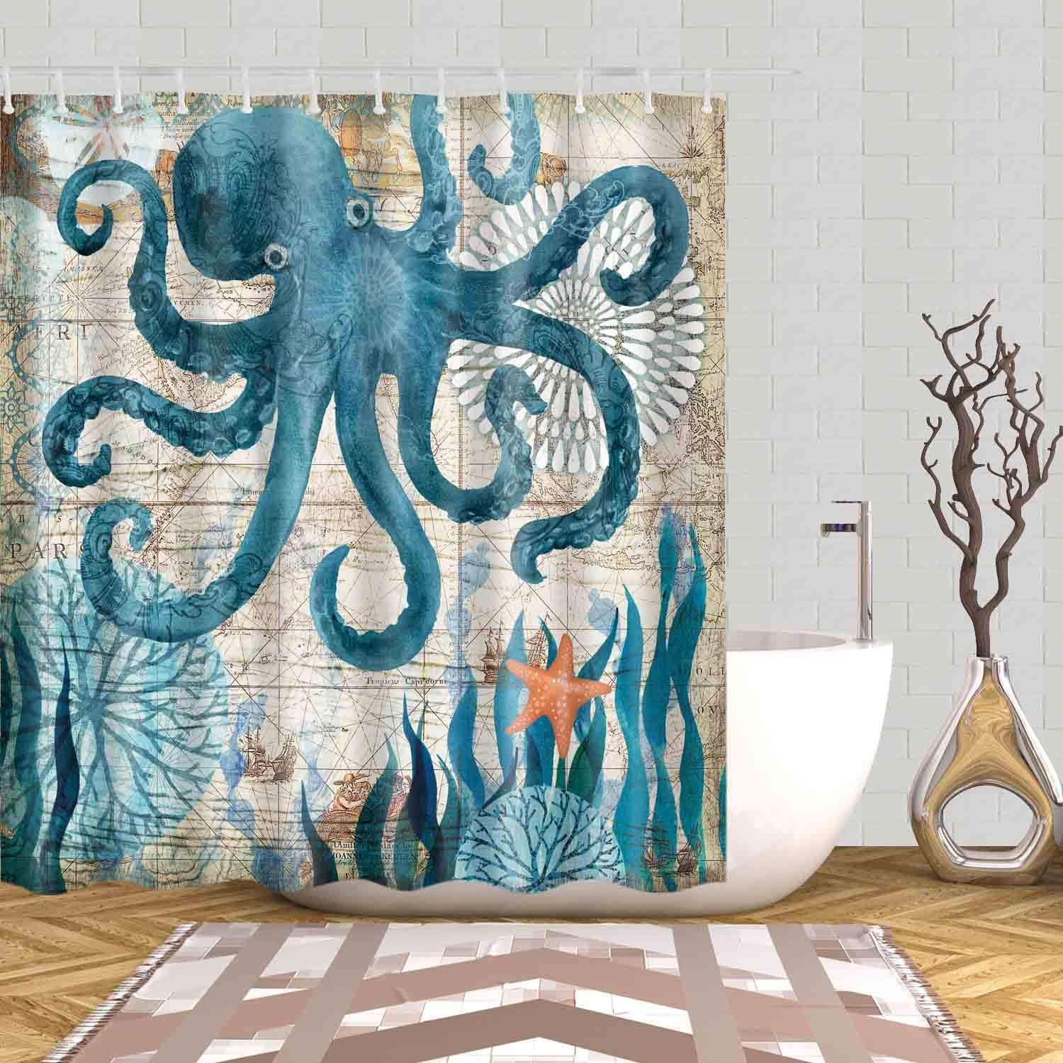 Octopus Ocean Shower Curtains Mediterranean Style Marine Life, Bath