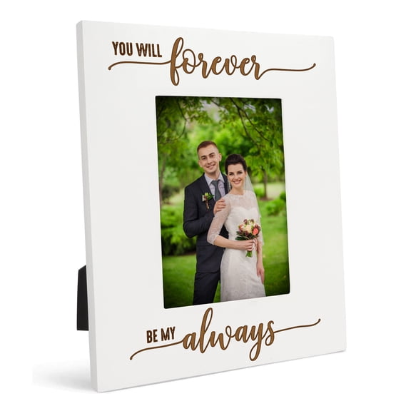Darling Souvenir Bride and Groom Photo Frame - Wooden Engraved Wedding Couple White Picture Holder with Acrylic Glass - 4x6 Inches Horizontal Marriage Anniversary & Tabletop Decoration