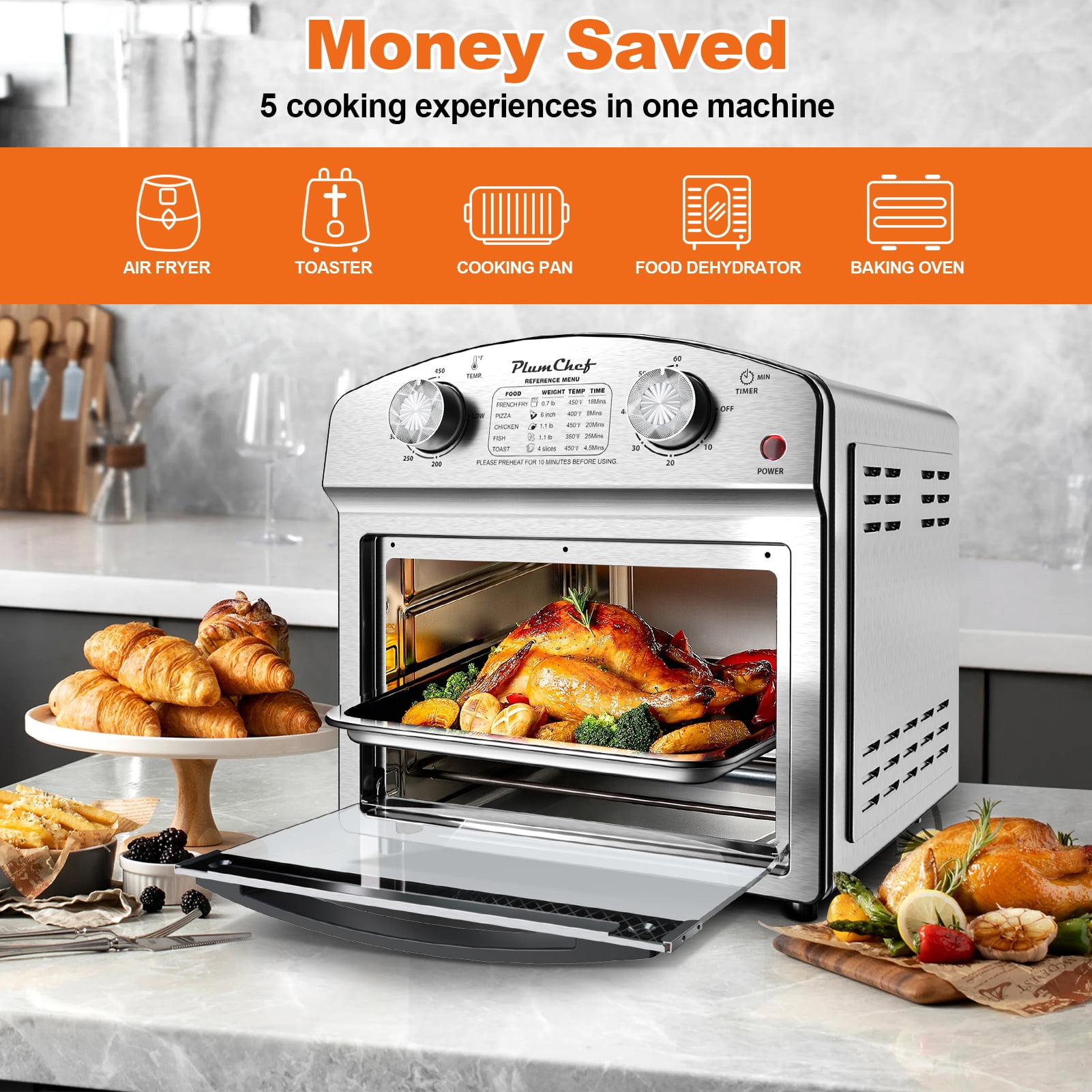 PlumChef 13 Quart 4 Slices Air Fryer Convection Toaster Oven, 1500W, 7 in 1 Multifunction with Roast, Bake, Grill, Broil, Toast, Dehydrate, Defrost, Stainless Steel
