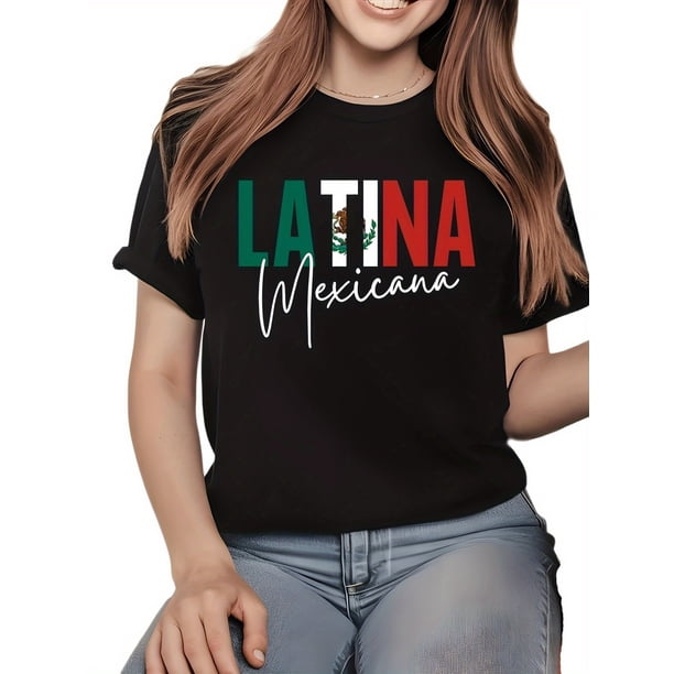 Women's 100% Cotton 180g Slim Fit T-Shirt - "LATINA Mexicana" Mexican Flag Color Print, Short Sleeve Round Neck Casual Top for Summer & Casual Attire, Comfortable Tee, Durable Print