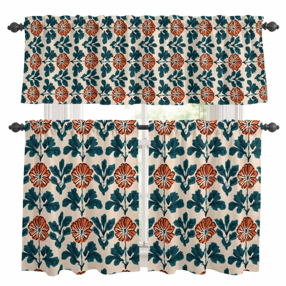 Orange Green Botanical Art Kitchen Curtains Sets for Windows 24 Inch Length, Summer Greenery Floral Rod Pocket Window Treatments Tier Curtains and Valances Set for Bedroom/Bathroom