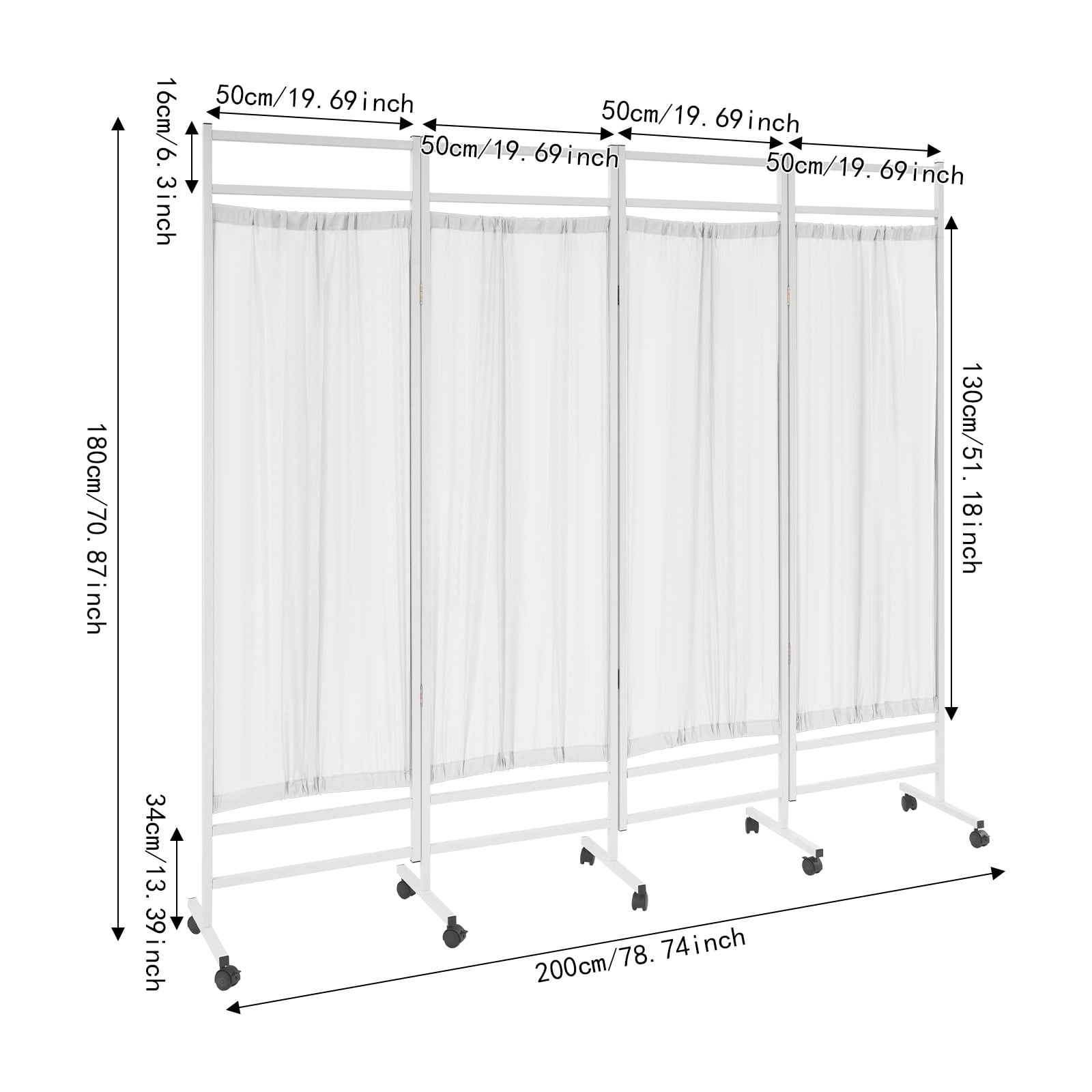 Miumaeov 200*180cm 4-Panel Medical Room Divider Portable Foldable Medical Privacy Screen with Wheels
