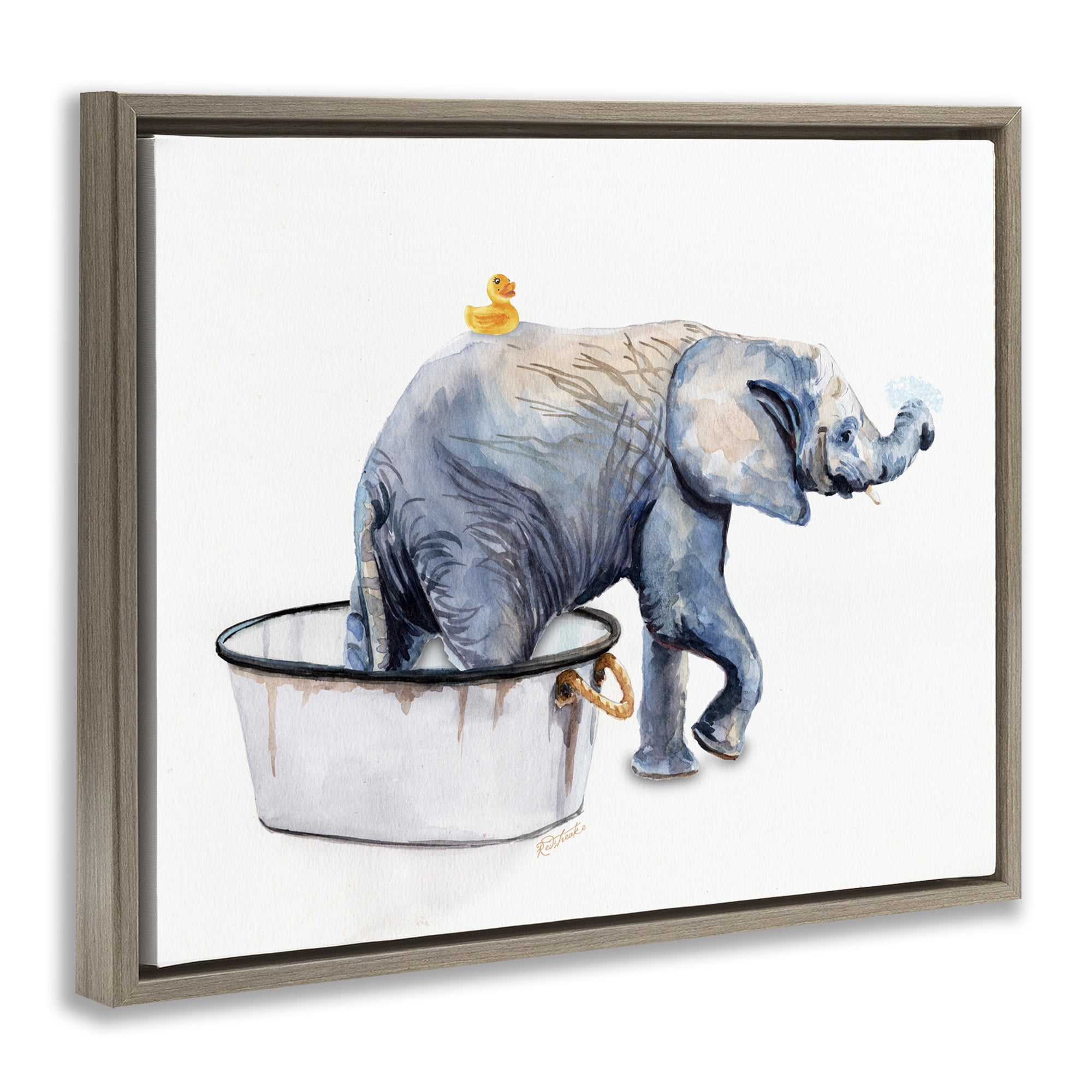 Stupell Industries Elephant & Rubber Duck Bath Animals & Insects Painting Brown Floater Framed Canvas Art Print Wall Art, 31 x 25