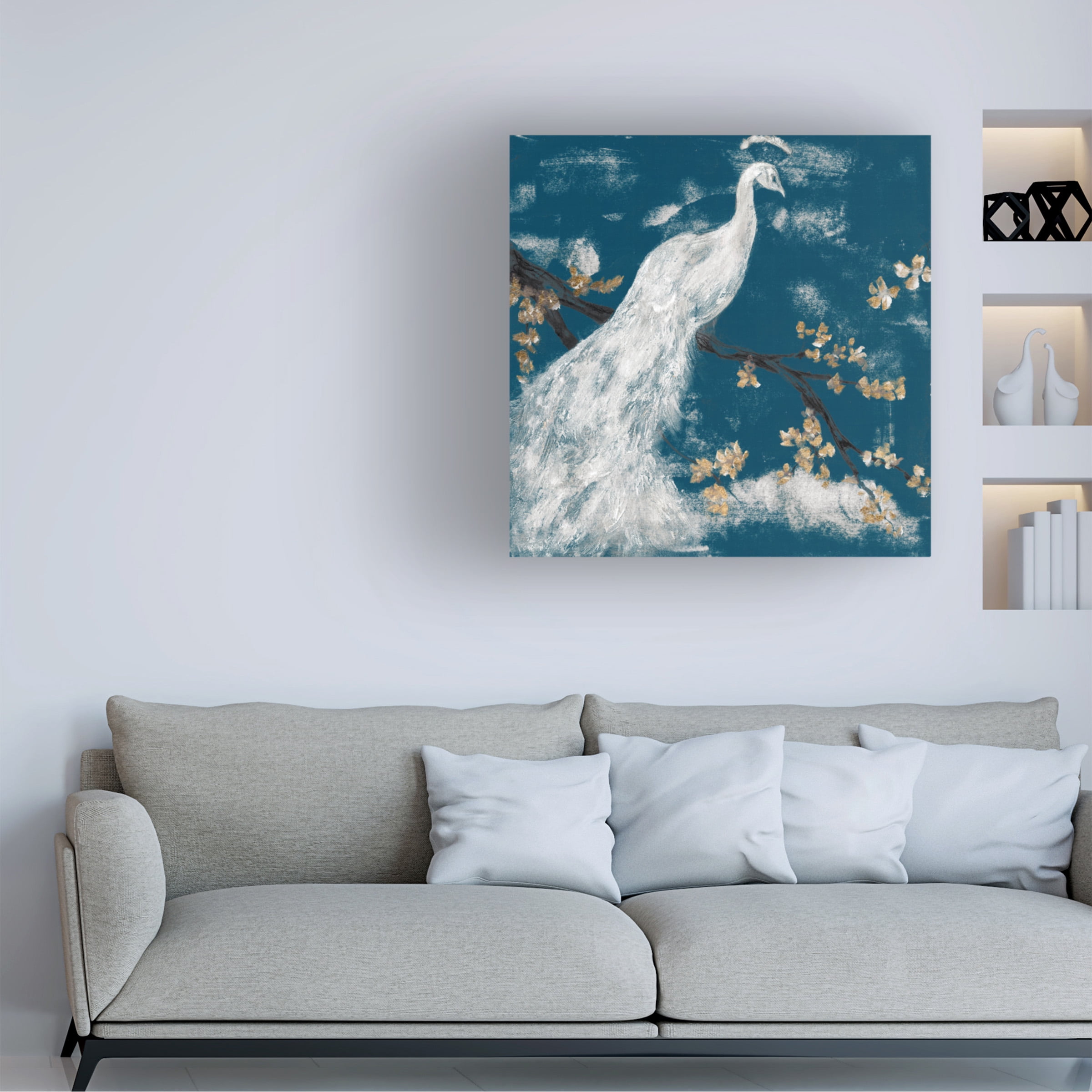 Jennifer Goldberger 'White Peacock on Indigo I' Canvas Art