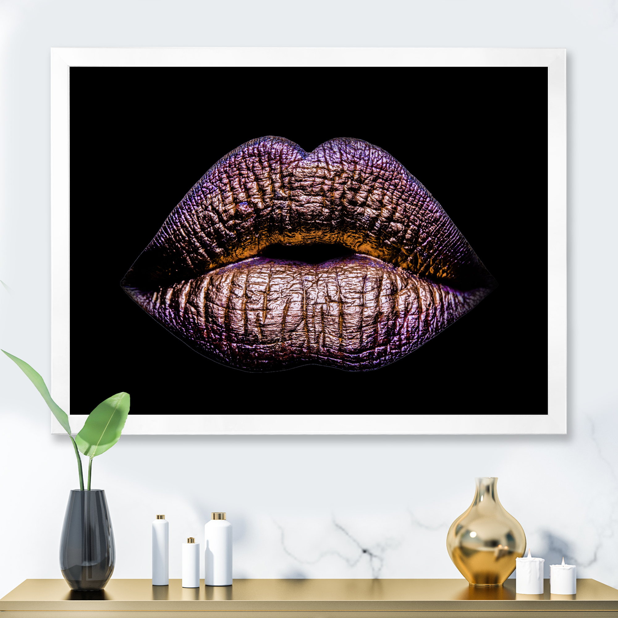 Designart 'Sexy Golden Metallized Woman Lips V' Modern Framed Art Print
