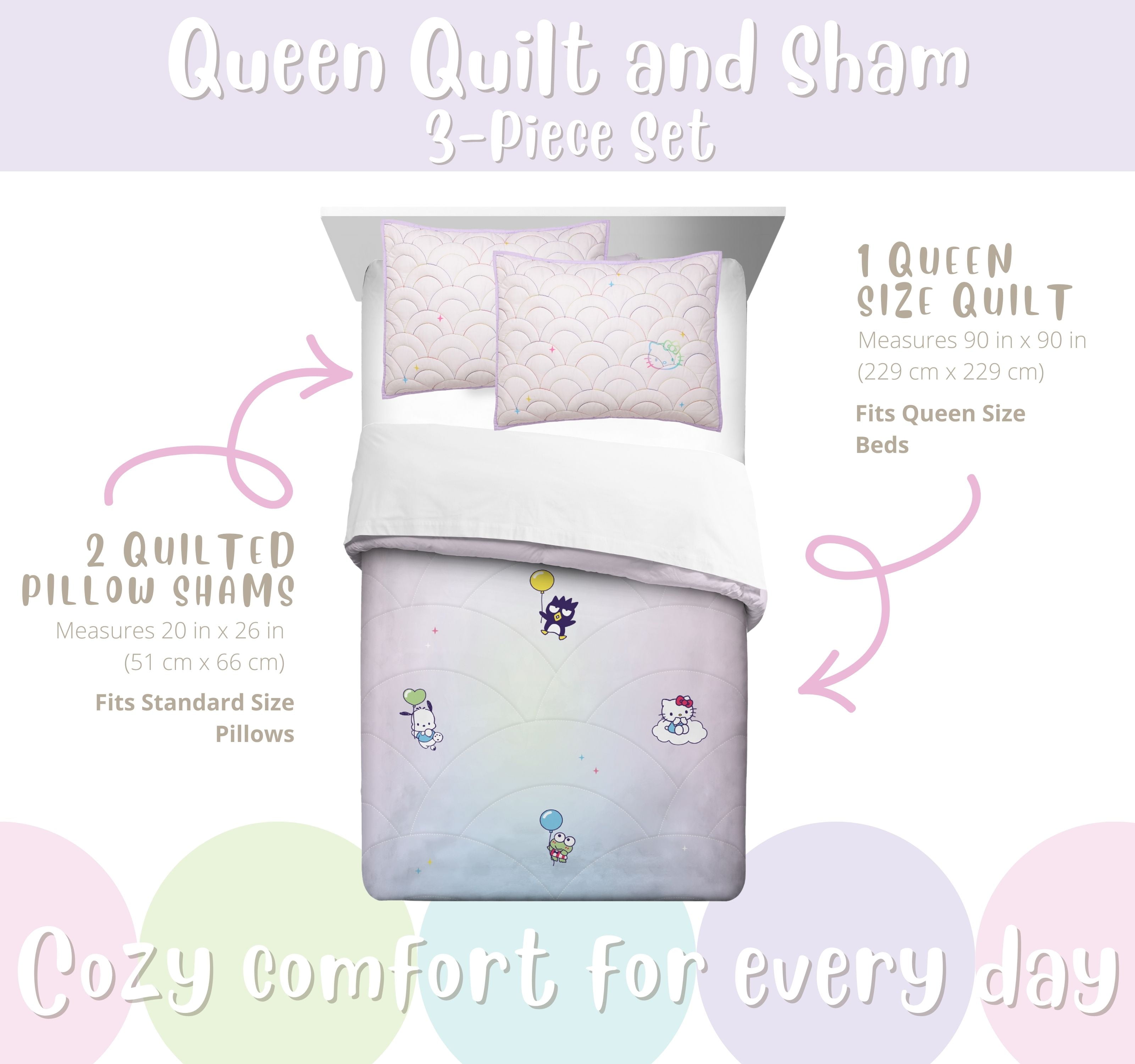 Hello Kitty and Friends Rainbow Ombre 3 Piece Quilt and Sham set, Queen