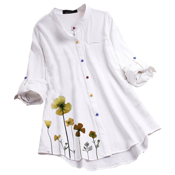 2025 Women Vintage Casual Flower Womens Long Sleeve Shirts Print