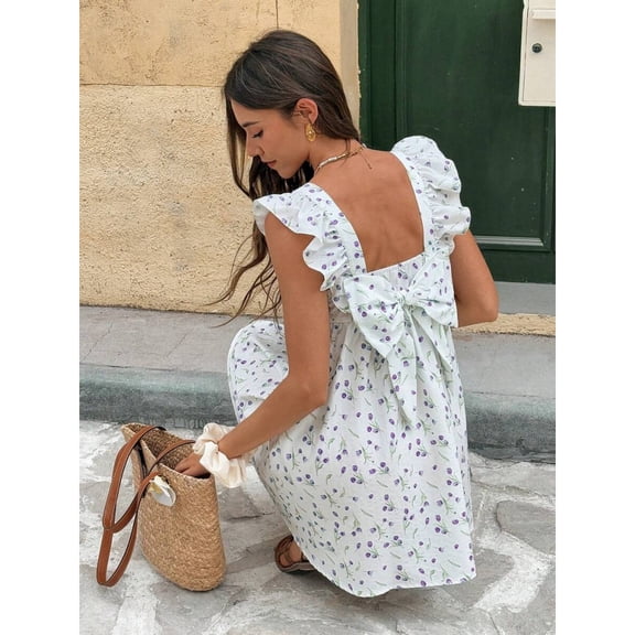 Purple Ditsy Floral Square Neck Cap Sleeve Bowknot Back Mini Dress For Women