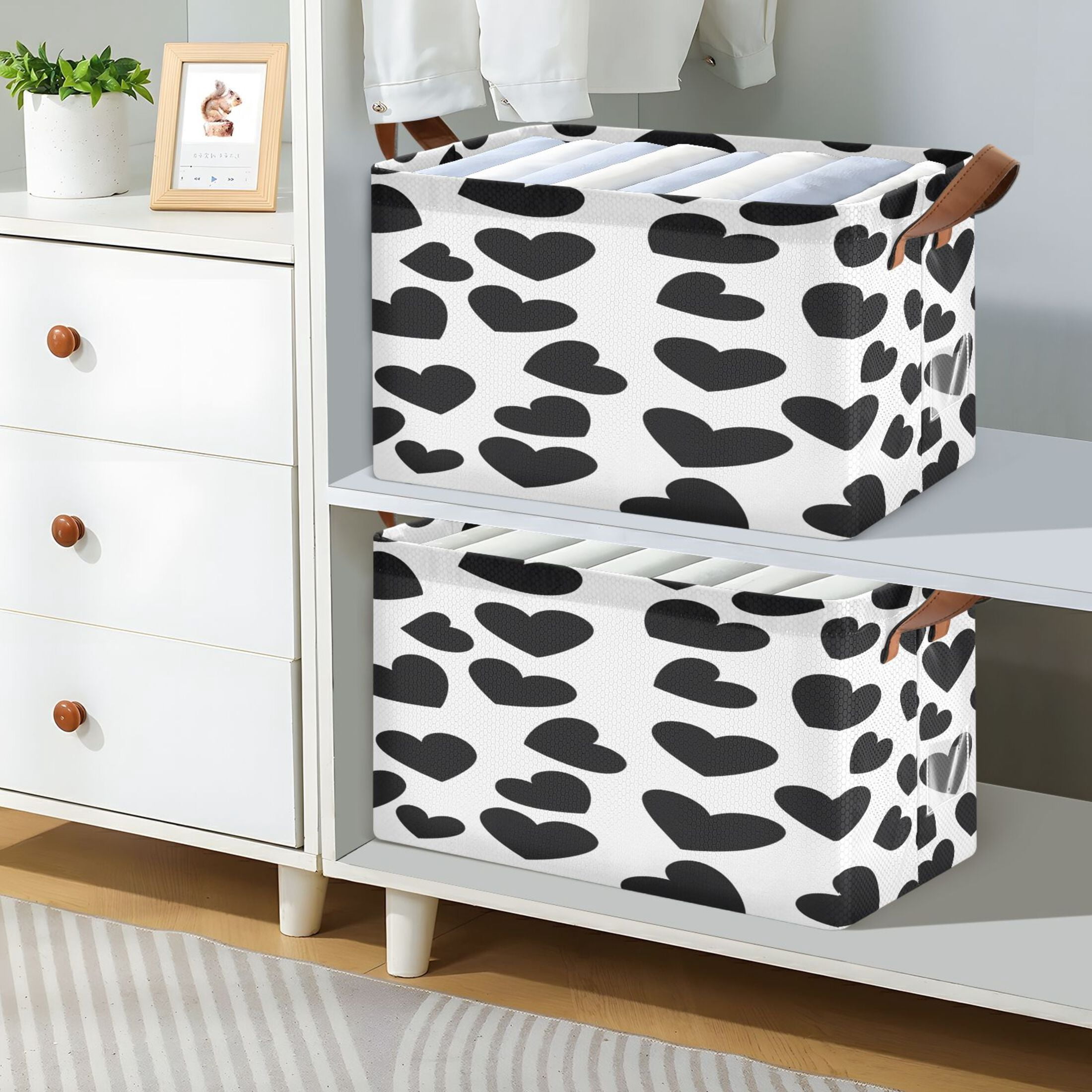 Ryvnso Black Heart Pattern Storage Bins Large Basket Foldable Cube Toys Organizer with Handles 2 PCs